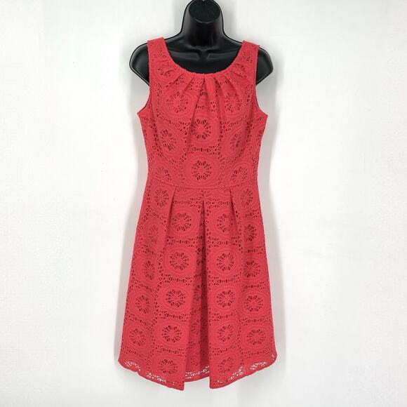 Adrianna Papell Fit & Flare Crochet Overlay Dress Sz 10 Sleeveless Coral Orange - Picture 1 of 10